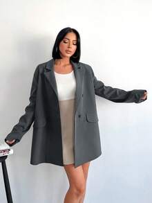 SHEIN Cottnline Women's Solid Color Notched Collar Double Breasted Long Sleeve Blazer For Autumn - Dark Grey - View 6