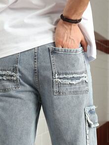 Logeqi® Jeans Vaquero Lavado Versátil Baggy Sueltos Multi-Bolsos Streetwear Casual De Hombre de Color Azul Claro - Azul - Ver 9