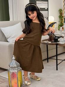 Dazy Kids 女童方领上衣和裙子套装 - 咖啡棕 - 查看 3