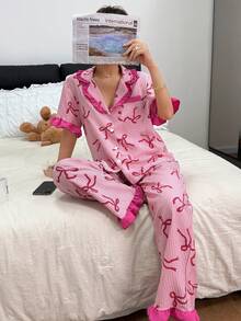 SHEIN Napfluff 粉色条纹蝴蝶结印花撞色荷叶边女士翻领短袖睡衣套装 - 粉色 - 查看 5