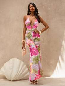 Glamine Women's Long Printed Vacation Halter Backless Romantic Dress - Multicolor - View 4