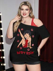 Betty Boop | ROMWE Áo thun thường ngày họa tiết nhân vật hoạt hình & chữ in tương phản, vai bất đối xứng, mùa hè, áo phông họa tiết - màu đen - Xem 8