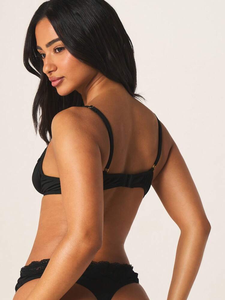 MISSGUIDED Seksowny, czarny koronkowy komplet bielizny damskiej, dwuczęściowy biustonosz z fiszbinami i figi typu hipster, intymny, walentynkowy romans