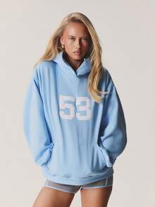 Missguided x Playboy 超大款印花套头连帽衫，带抽绳，胸前印花中央口袋，宽松版型长袖休闲卫衣 - 藍色 - 查看 7