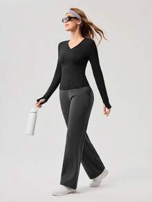 OutZeal 女士运动T恤 黑色瑜伽健身服 速干长袖V领修身上衣 - 黑色 - 查看 6