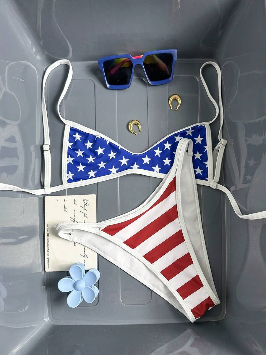 Swim Vcay 2026 New Women's Summer Beach Vacation American Flag Independence Day Print Backless Spaghetti Strap Minimalist Sexy High Cut Swimwear Set - Multicolor - View 1