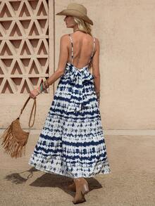 Wildy 波西米亚风休闲美式乡村西部扎染复古印花无袖可调节肩带连衣裙，适合日常穿着、度假、通勤和音乐节等场合。 - 藍白色 - 查看 7