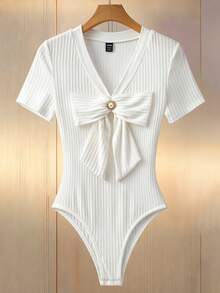 Franclia 女士时尚优雅罗纹蝴蝶结设计短袖连体衣 - 白色 - 查看 1