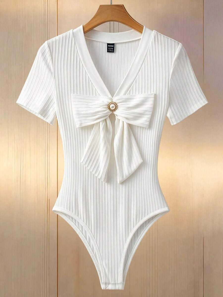 Franclia 女士时尚优雅罗纹蝴蝶结设计短袖连体衣 - 白色 - 查看 1