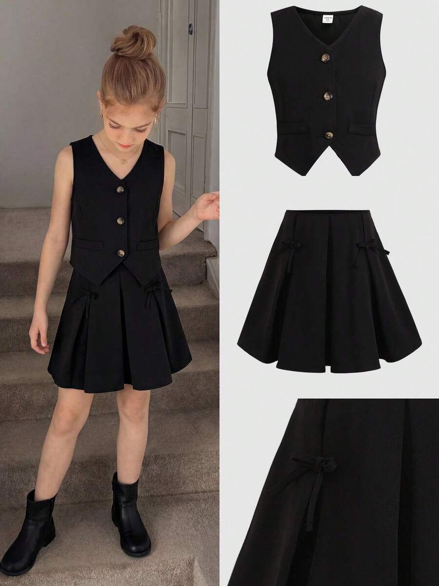 Tween Girl Casual V-Neck Sleeveless Top And Mini Skirt Set - Black - View 1