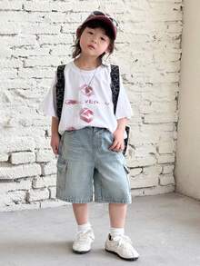 SHEIN Quần short jean Bermuda denim màu xanh dương, kiểu dáng thời trang mới cho bé trai, phong cách retro vintage, rách rưới, có họa tiết râu mèo, dáng rộng, túi hộp, thích hợp mặc hàng ngày vào mùa xuân/hè, cho bé trai, phong cách đường phố, đi biển, nghỉ mát, thường ngày, họa tiết đồ họa, quần short cho trẻ mới biết đi, quần short cho bé trai 4 tuổi, quần short mùa hè, quần short thường ngày. - Rửa nhẹ - Xem 8