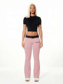 BABYPHAT Quần legging ống loe cạp cao với chi tiết ren ở eo, chất liệu co giãn, thoải mái, phù hợp mặc hàng ngày. - Màu Hồng baby - Xem 3