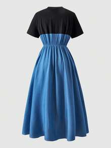 Teen Girls Knit Crew Neck T-Shirt With Denim Effect Woven Patchwork Dress - Multicolor - View 6