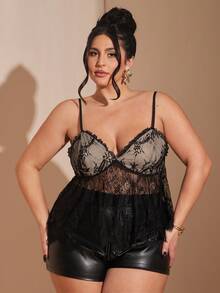 SHEIN BAE Áo hai dây dệt kim xuyên thấu gợi cảm cỡ lớn với ren đen và dây mảnh, họa tiết thực vật, vạt áo bất đối xứng, chiều dài tiêu chuẩn. - màu đen - Xem 7