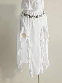 SHEIN ICON Plus-Size Women's White Autumn Boho Vacation Holiday Retro Elegant Y2K Skirt,Side Slit Ruffle Design Grassland Music Festival Party Fashion - White - View 6