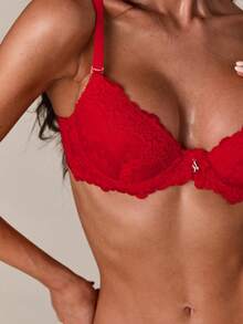 SHEIN BAE 2 件情人节蕾丝钢圈文胸和内裤套装女士内衣 - 紅色 - 查看 8