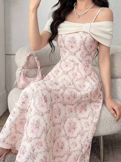 SHEIN 少女A字露肩撞色印花连衣裙