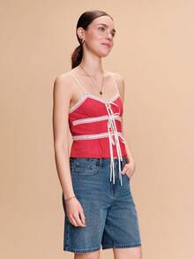 lacRébo Red Chiffon Cami Top With Satin Bow Tie Front Detail And Lace Panel French Boho Top Spring Summer Vacation Top Holiday Top - Red - View 1