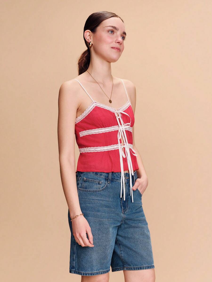 lacRébo Red Chiffon Cami Top With Satin Bow Tie Front Detail And Lace Panel French Boho Top Spring Summer Vacation Top Holiday Top - Red - View 1
