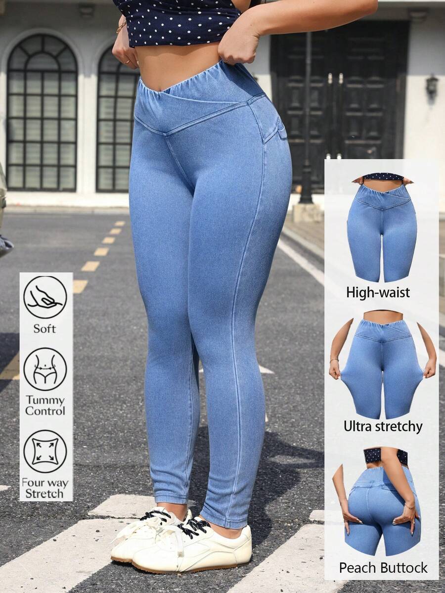 Flexra Women's Asymmetric Waist Skinny Casual Everyday Wear Denim Jeans - Blue - View 1