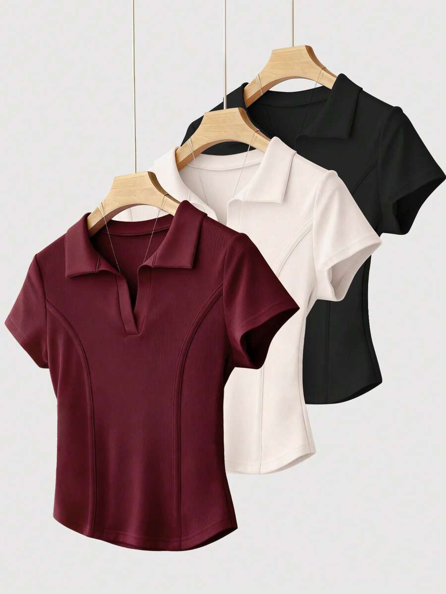 EMERY ROSE 女士休闲纯色褶皱腰V领短袖T恤 - 杏色 - 查看 1