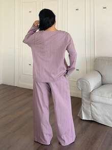 Dazy Plus Casual Textured Fabric Contrast Lace Elegant Long Sleeve Top And Loose Straight Leg Pajama Pants Set, Spring/Autumn - Purple - View 9