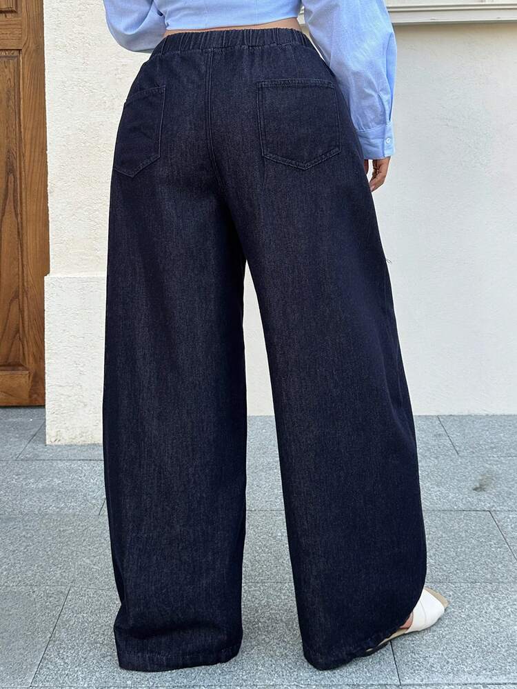 Dazy Plus Fashionable Casual Vintage Dark Blue Loose Wide Leg Drawstring Tie Waist Versatile Woodland Style Long Jeans, All Season