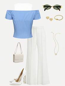 Women's Striped Ruched Button Design Off-Shoulder Fashion Blouse - Blue - View 2