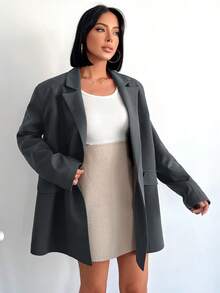 SHEIN Cottnline Women's Solid Color Notched Collar Double Breasted Long Sleeve Blazer For Autumn - Dark Grey - View 4