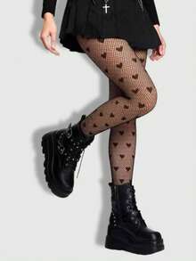 ROMWE Kawaii Hjärtformade nätstrumpbyxor med hög elasticitet, lämpliga att kombinera med kjolar - Svart - Visa 2