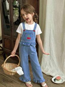 LMoss Kids Young Girl' New Fashion Casual Soft Cute Cherry Embroidery  Heart Button Blue Denim Loose Fit Bib Pants Overalls Jumpsuit Spring Summer,Casual And Versatile For Kids Girls Spring/Summer Dailywear Outfits,Girls Streetwear Outfits,Beach Vacation Outfits For Girls ,Girls Summer Boho Outfits,Casual Clothes For Girls ,Graphic Jeans Girls ,Toddler Jumpsuit,4-Year-Old Girls Jumpsuit,Summer Jumpsuit,Casual Jumpsuit - Light Wash - View 4