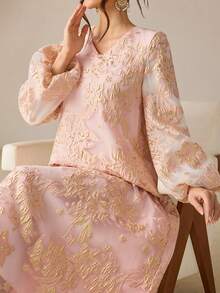 SHEIN Najma New Arrival Jacquard Jacquard Purple Arabic Style Dress For Women - Baby Pink - View 5