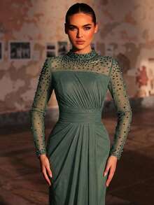 Aureia Elegant Luxurious Diamond Design Sheer Long Sleeve Ruched Mermaid Dress,Suitable For Weddings,Parties,Bridal,Mother Of The Bride,Evening Gowns - Green - View 2