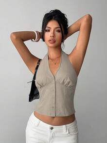 Aloruh Blazer delgado de mujer de un solo pecho con cuello alto de algodón a rayas para otoño/invierno - Albaricoque - Ver 6