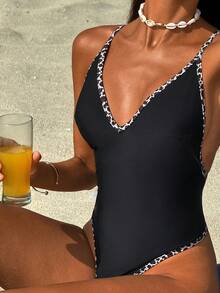 SHEIN Swim Vcay-D Women's Solid & Random Leopard Print Deep V One-Piece Swimsuit, Spring/Summer - Black - View 1