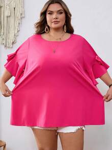 SHEIN CURVE+ Curve 尺码 US22 音乐节、海滨度假、波西米亚风女士蝴蝶结装饰圆领紫红色衬衫，夏季 - 玫紅色 - 查看 8