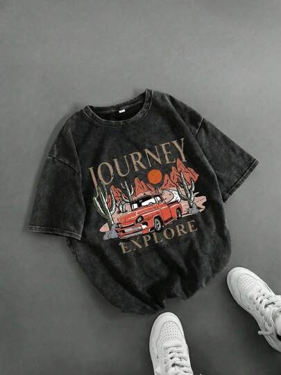 SHEIN Bubblio Camiseta de punto de manga corta holgada con estampado de letras de carreras, cuello redondo, versátil y cómoda, adecuada para ir a la escuela, ocio diario, vacaciones, deportes, festivales de primavera y verano, para niños y jóvenes