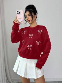 Selianne 女士休闲水钻蝴蝶结图案圆领卫衣，适合春秋季穿着 - 紅色 - 查看 3