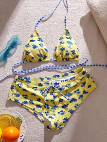 Swim Mod 2026 Spring/Summer New Floral Print Sexy Backless Halter Tie Shorts 2pcs Beachwear Swimwear Set Bikini Set - Yellow - View 3