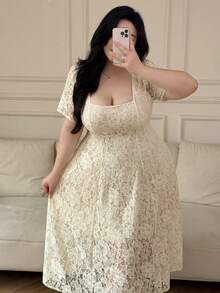 Vibekara Plus Size Romantic Square Neck Waist Gathered A-Line Lace Dress - Apricot - View 7