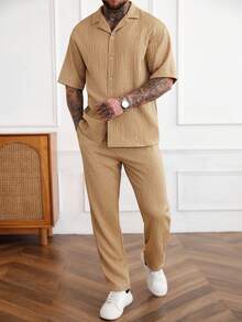 Manfinity Homme 2pcs Men's Jacquard Striped Short Sleeve Shirt And Drawstring Pants Set,Khaki Summer Casual Vacation Holiday,Yamamoto Series Comfortable Outfit Set - Khaki - View 3
