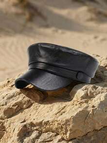 Arave Classic Versatile Simple Solid Color PU Leather Beret Hat - Black - View 1