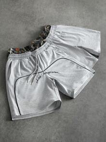 PAVTROS Men's Letter Print Drawstring Waist Pocket Casual Shorts - Grey - View 1