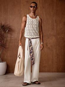 AKNOTIC 男士休闲菱形图案提花针织修身无袖背心 男士钩针背心 男士夏季背心 男士背心 节日网眼男士上衣 男士钩针背心 - 米色 - 查看 4