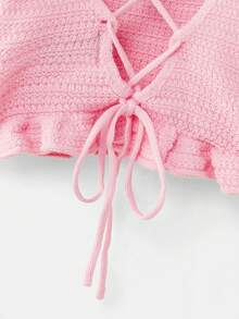 lacRébo Pink Crocheted Square Neckline Top With Short Puff Sleeves, Tied At The Back, For Spring And Summer Spring Summer French Style Parisian Style - Pink - View 8