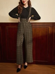 Vintamour 复古优雅女士双排扣撞色格子口袋背带裤，直筒连体裤，圣诞节女装，冬季女装，新年女装，圣诞节女装，商务休闲女装，冬季女装，背带裤，复古风格女装，棕色裤子，新年装，音乐会装，外出女装，冬季女裤，情人节，情人节 - 咖啡棕 - 查看 5