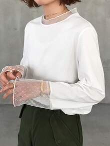 FRIFUL Solid Color Patchwork Sheer Polka Dot Mesh Fabric Loose Casual Versatile T-Shirt - White - View 4