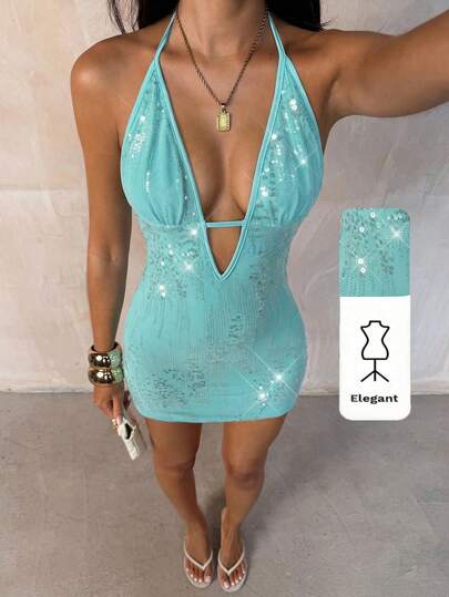 TRNVIE 1pc Wine Red Sequin & Beaded Backless Deep V Neck Bodycon Mini Dress, Casual High Street Wear For Christmas, New Year, Valentine's Day, Party, Concert Womens Summer Outfits Sexy Dress For Women Pool Party Outfit For Women Sequin Mini Dress Womens Party Dress Womens Summer Dresses