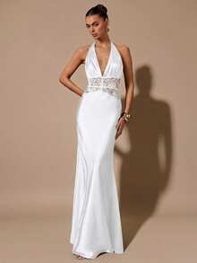 SHEIN BAE 秋冬季纯黑色性感深V领露背蕾丝镂空拼接鱼尾缎面长裙，适合鸡尾酒会、浪漫约会、派对、正式聚会、伴娘礼服、晚礼服、圣诞节、新年、情人节、下午茶会、小黑裙等场合。 - 白色 - 查看 6