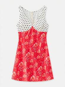 lacRébo 波点胸前印花裙摆迷你连衣裙，春夏法式巴黎风波点连衣裙，缎面连衣裙，度假连衣裙，碎花连衣裙，外出连衣裙 - 彩色 - 查看 6